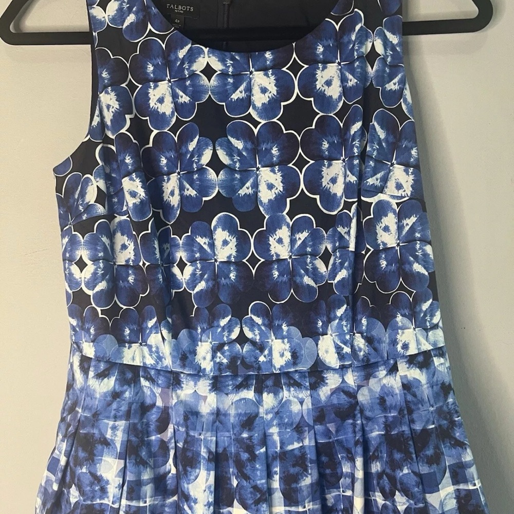 Talbots Petite 4P Blue Floral Gingham Fit Flare Midi Dress - Picture 4 of 12